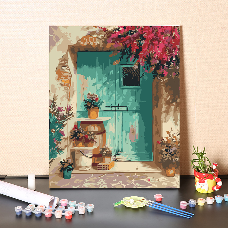 数字油画diy手工填充花房小镇风景画手绘消磨时间画画涂色油彩画