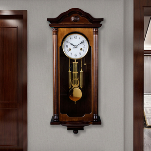饰时钟 欧式 机械挂钟实木复古家用钟表老式 上链挂表敲钟报时中式 装
