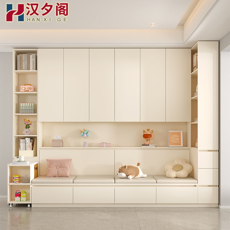 奶油风卡座书柜一体防尘玻璃门转角置物柜客厅书架展示柜F1