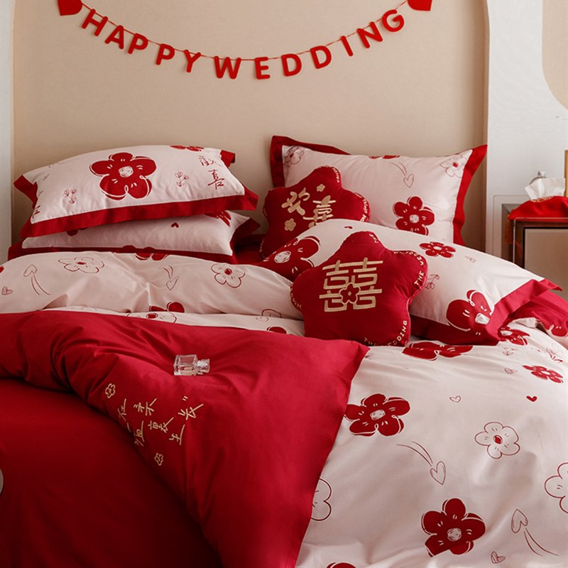 浪漫100支面婚庆长绒棉四件印花刺绣结婚大红色被床上用品