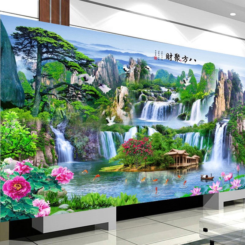 迎客松山水画风景竹木纤维集成墙板电视背景墙客厅沙发装饰护墙板