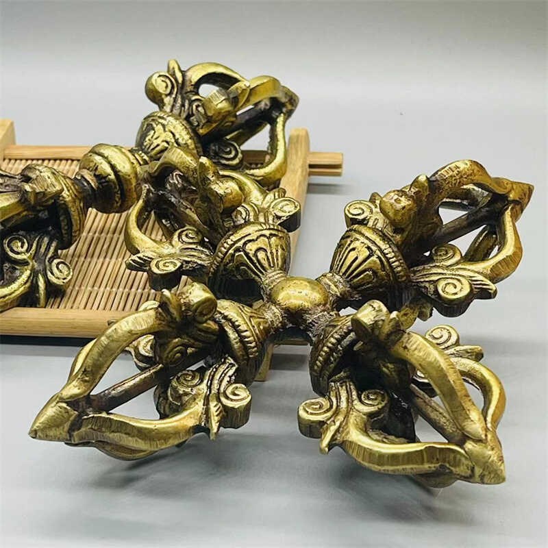 密宗法器尼泊尔手工黄铜五股十字金刚杵降魔杵金刚镢复古做旧摆件