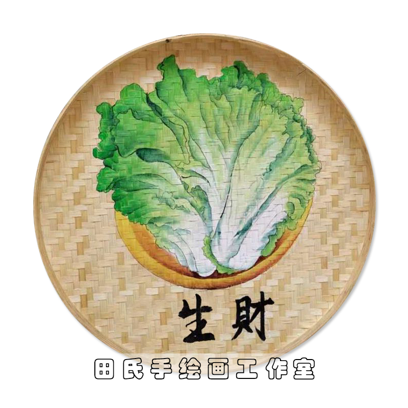 手绘竹编簸箕画农庄农家乐墙面装饰画圆形挂件蔬菜瓜果墙壁挂饰品图片