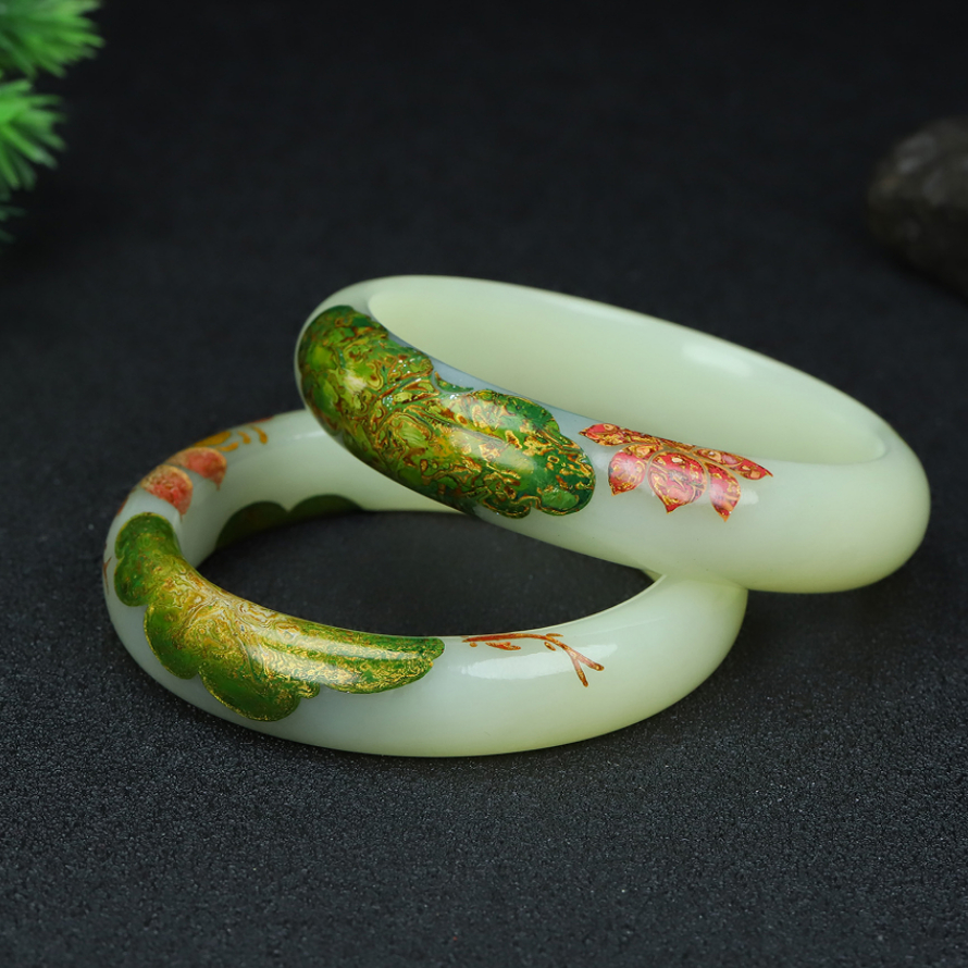 【Q .Jewelry】和田黄玉荷塘月色大漆手镯 圈口备注 略有不同