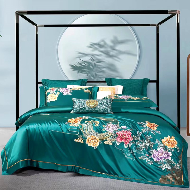 高档奢华高级感真丝棉中式花卉刺绣红色结婚庆陪嫁被套床单四件套