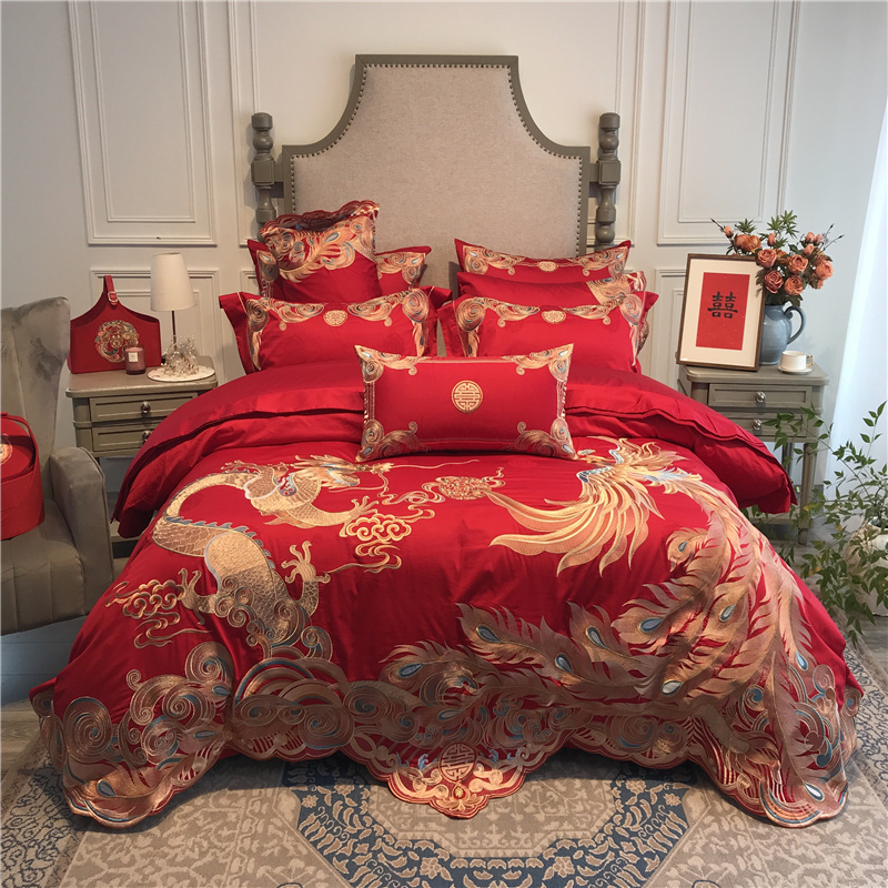 400万针金线刺绣龙凤被套婚庆牀上用品高档婚牀红色结婚四件套