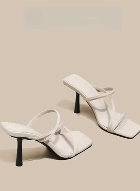 法式白色高跟鞋2024夏季u新款细跟仙女风一字带凉鞋百搭方头凉拖