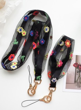 精致小清新黑色薄纱刺绣花朵通用手机挂绳防丢钥匙扣手机壳挂件