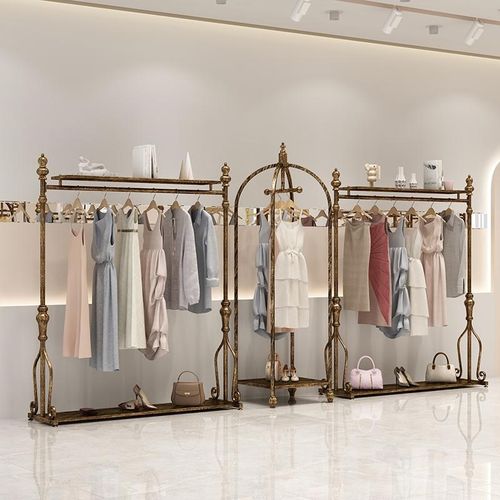 欧式铁艺复古服装架服装店展示架古铜挂衣架加大加粗落地服装货架