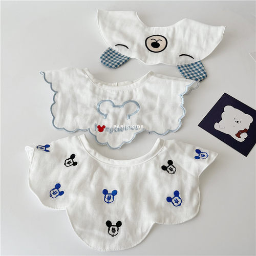 韩版春夏薄纯棉纱布刺绣口水巾婴儿360度旋转围嘴女宝宝百天假领