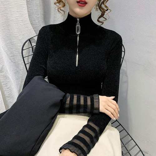 天鹅绒拉链高领纯色套头毛衣女蕾丝长袖针织N衫修身秋冬打底衫上