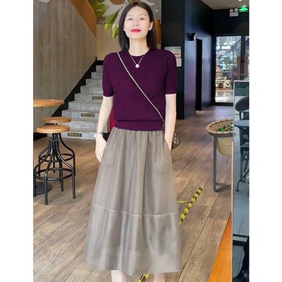 冰丝针织衫上衣女夏季新款洋气半高领短袖t恤女薄款紫红色打底衫