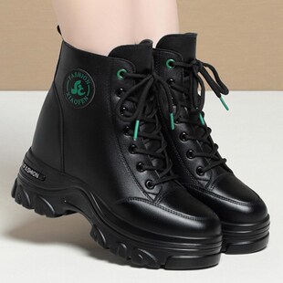 红青蜓高帮休闲鞋女新款r2024秋冬靴子加绒短靴厚底马丁靴中年妈