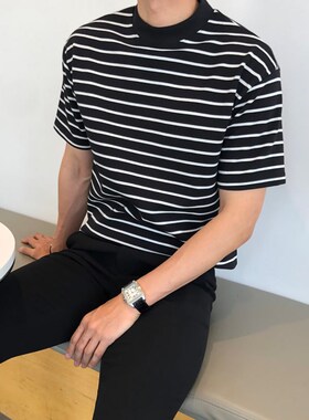 古潇男装 打底黑白条纹T恤男短袖内搭夏季圆领纯棉韩版潮青年百搭