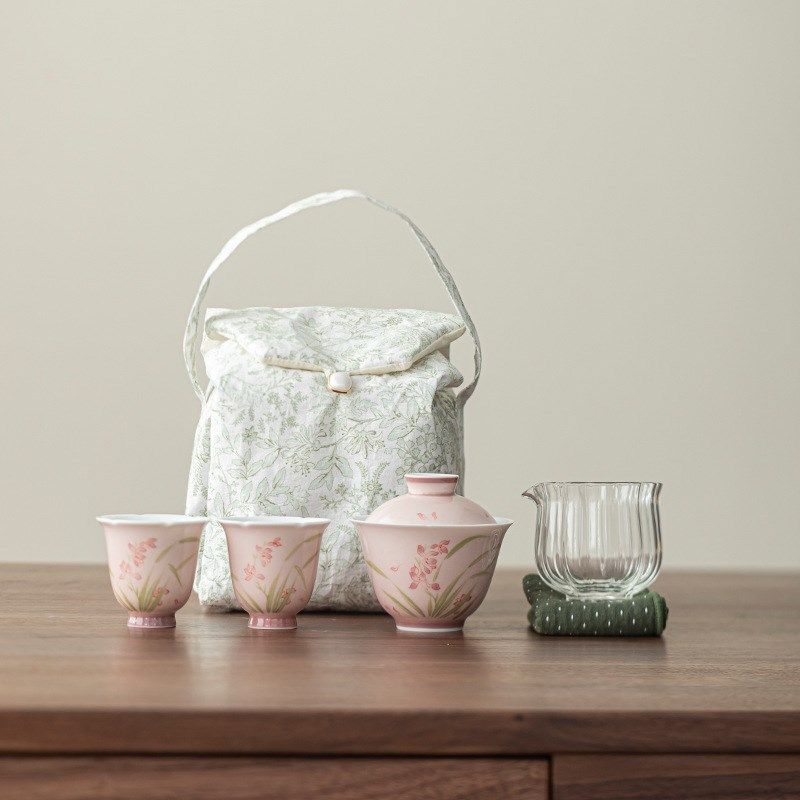 弥言釉下彩纯手绘兰花盖碗粉色女士泡茶碗套装旅行茶具收纳茶事包,餐饮具,旅行茶具,淘宝优惠券,粉丝福利购,淘宝优惠卷