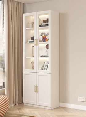 实木两门书柜家用带玻璃门防尘置物柜白色文件柜客厅落地靠墙书架