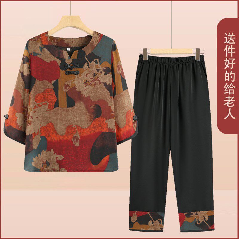中老年人奶奶春夏装中袖T恤套装老太太老L人上衣妈妈衣服两件套女