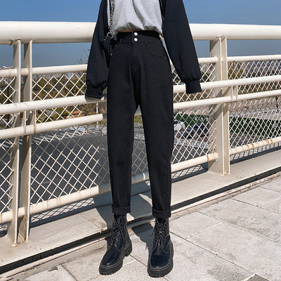 高腰牛仔裤女弹力双排扣2021秋冬新款黑色大码胖MM显瘦加绒老爹裤