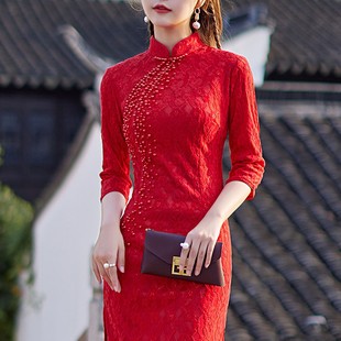 礼仪服装颁奖迎宾小姐服中国红礼服红色I中款长袖外嫁女回娘家旗