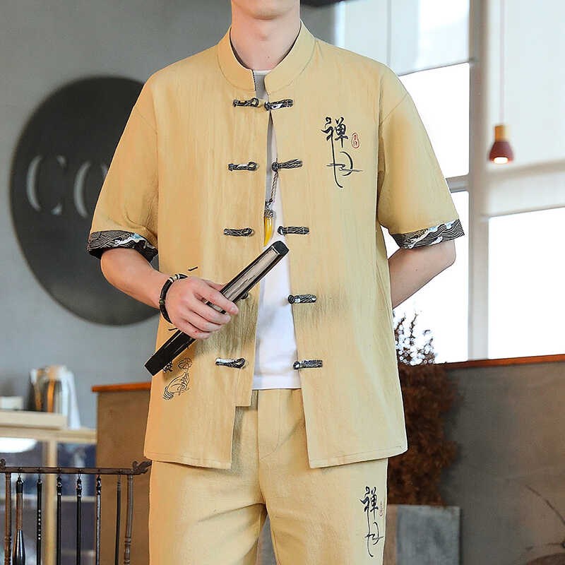 中国风唐装男夏季套装男士短袖复古风汉服立领男装半袖衬衫两件套