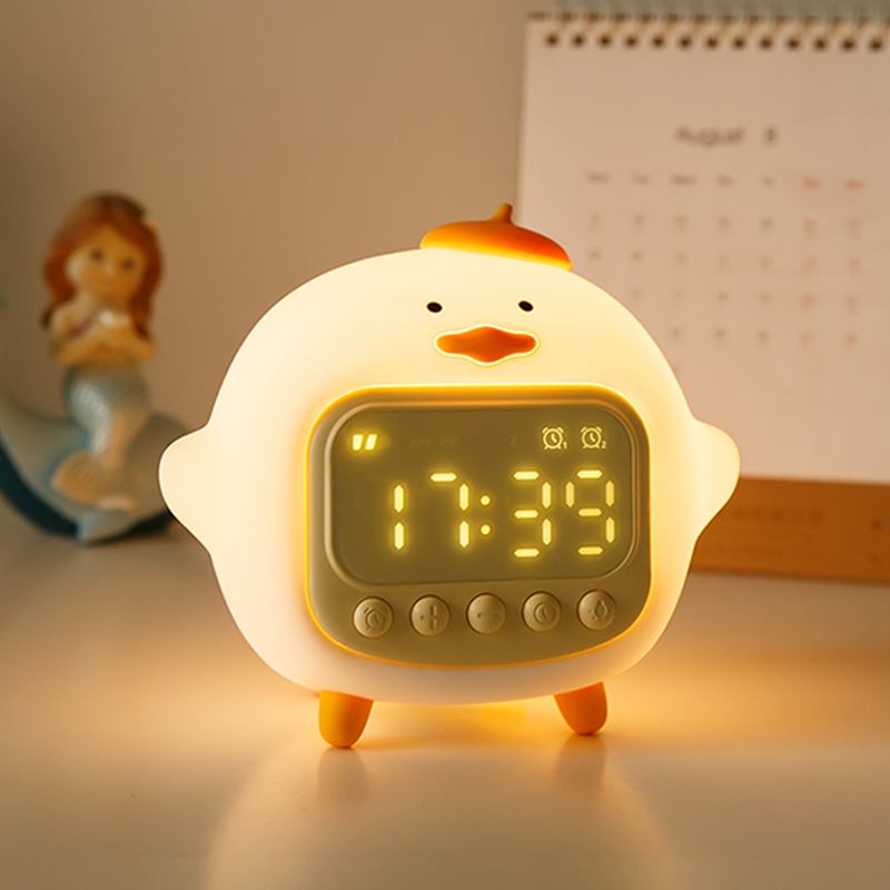 小鸭子床头小夜灯硅胶拍拍柔光卧室睡眠灯儿童充电台灯带闹钟一体
