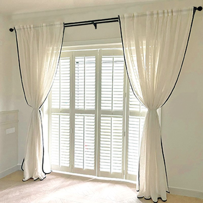 新款日式侘寂风棉麻窗纱透光透人客厅书房原木风定制黑色包边纱帘