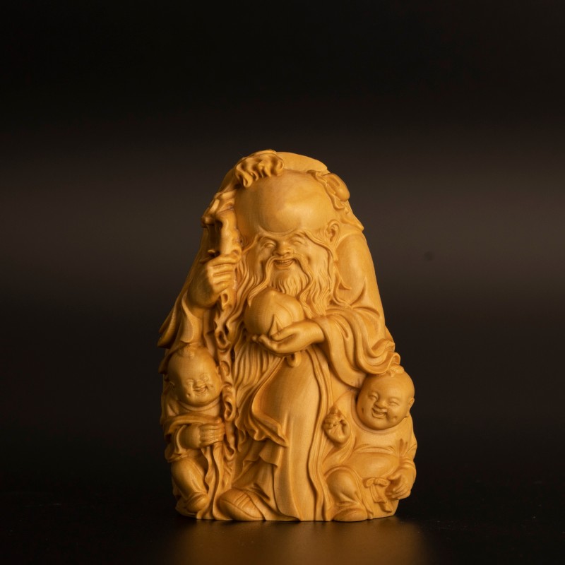 小叶黄杨木雕寿星手把件实木雕刻手工艺品把玩件木质福禄寿装饰品