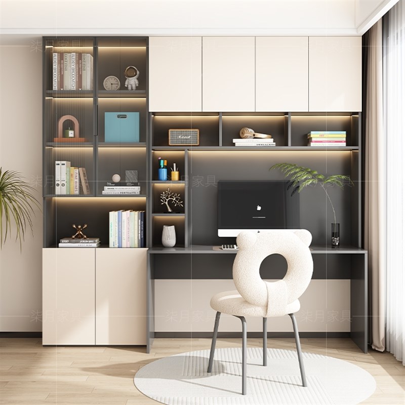 实木电脑桌家用简约书桌书架一体书柜学生学习写字桌卧室办公桌子