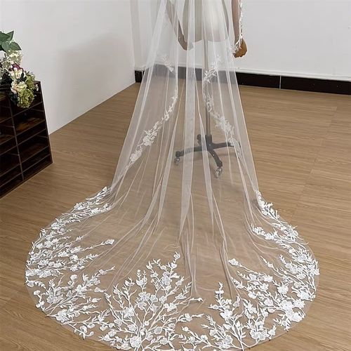 新娘结婚长款蕾丝超仙森系主婚纱头纱韩式简约珍珠单层小拖尾头饰