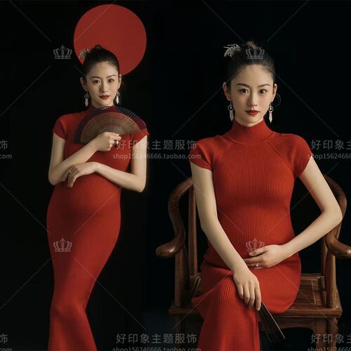 孕妇影楼中国风主题新款复古民国红色针织旗袍孕妈咪摄影拍照服装