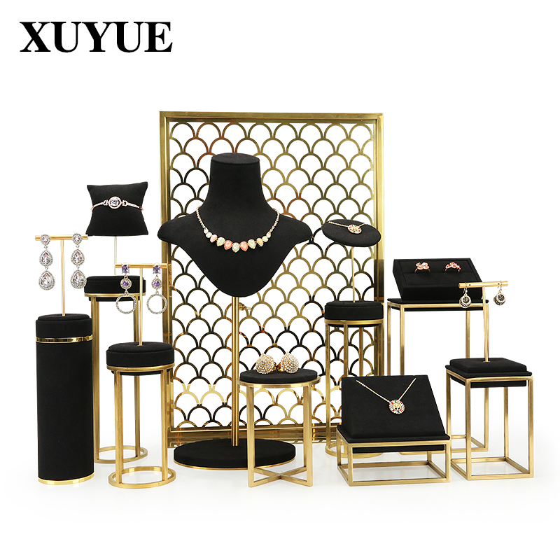 旭跃黑色超纤金属柜台橱窗道具珠宝饰品项链戒指吊坠展示橱窗陈列