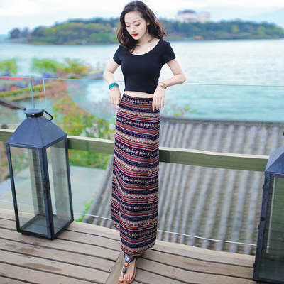 民族风半身长裙女夏高腰半身裙傣族条纹碎花裙子A字裙长款到脚踝