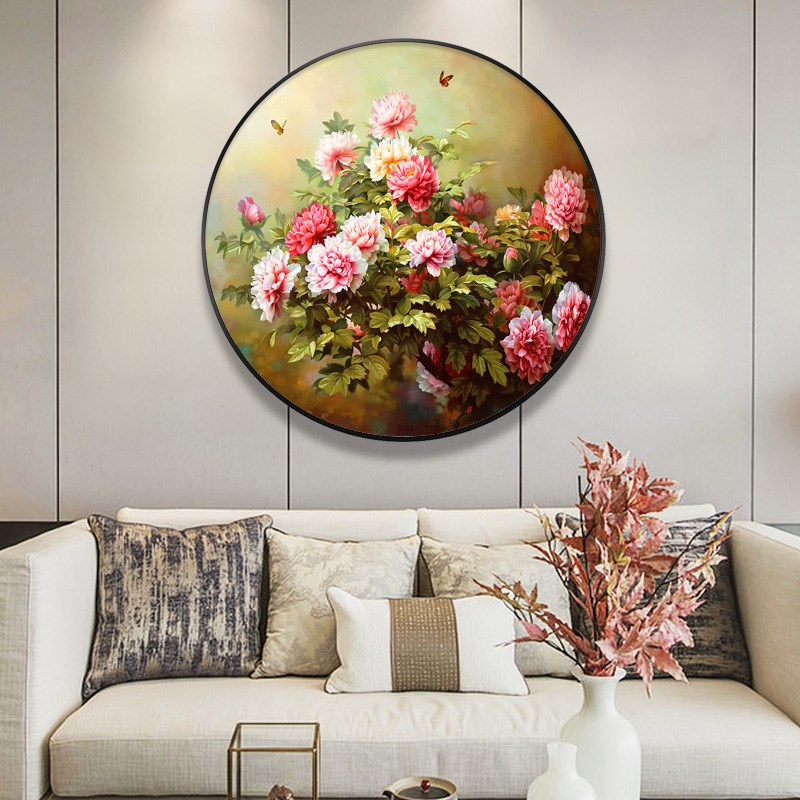 现代简约牡丹花卉手绘玄s关油画轻奢圆形新中式挂画美式走廊装饰图片
