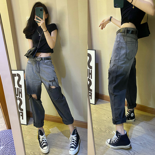 破洞牛仔裤女宽松做旧夏季薄款高腰渐变扎染显瘦老爹九分乞丐泫雅