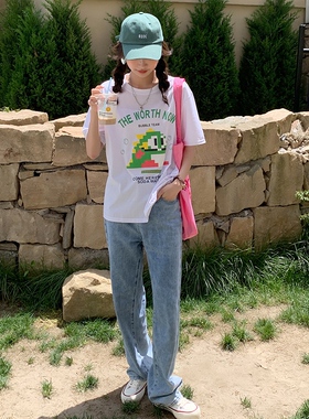 布琳家浅蓝色阔腿牛仔裤女2021新款春秋高腰直筒宽松垂感拖地长裤