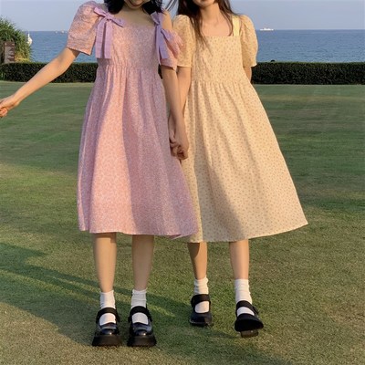 霍里德地图 两色方领碎花背带裙女夏季高腰显瘦R中长款短袖连衣裙