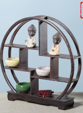 圆形实木博古架鸡翅木 多宝阁中式文玩展示架木质工X艺品木雕摆件