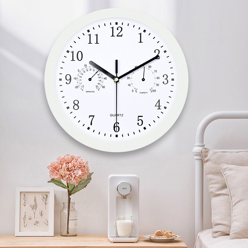 现代客厅家用温度湿度挂钟简约静音石英钟卧室时尚创意免打孔挂表