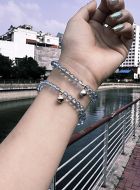 喜饰冰种海蓝宝托帕石手链超细单圈铃铛转运珠水晶手串情侣礼物