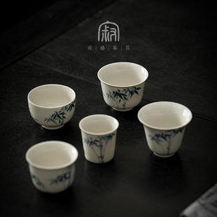 手绘蓝竹茶杯品茗杯家用草木灰陶瓷茶具直口杯创意小杯子单杯定制