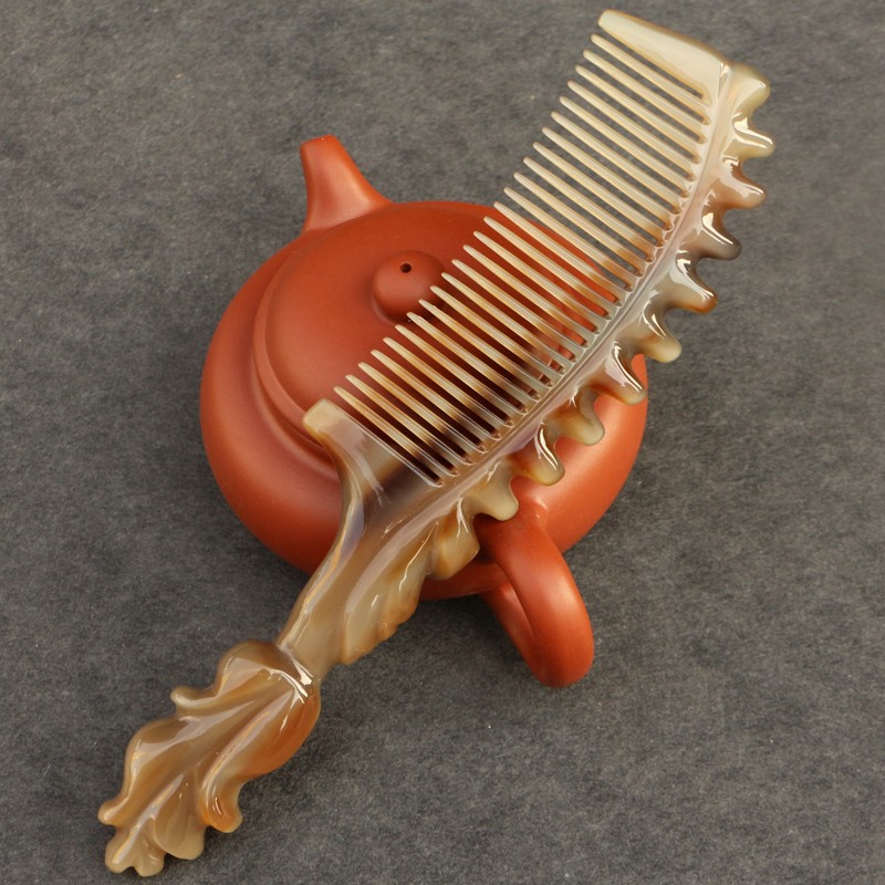 天然白牦牛角梳子密细齿护养发梳防静电粗大宽齿烫发梳子长21厘米