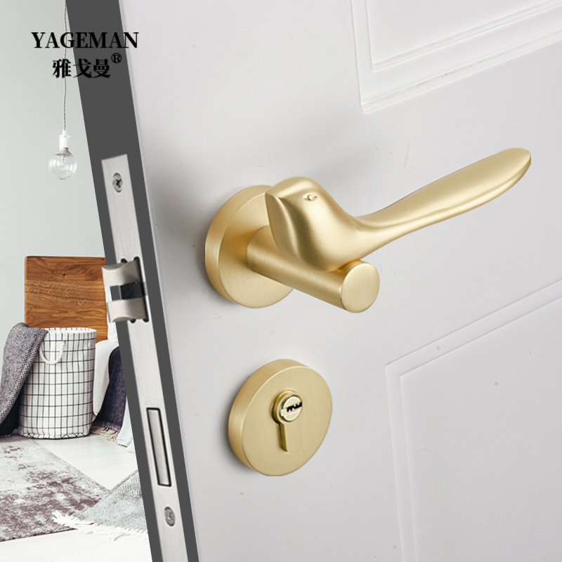 哑光金色小鸟门锁室内木门锁卧室静音房间手柄家用磁吸分体门把手
