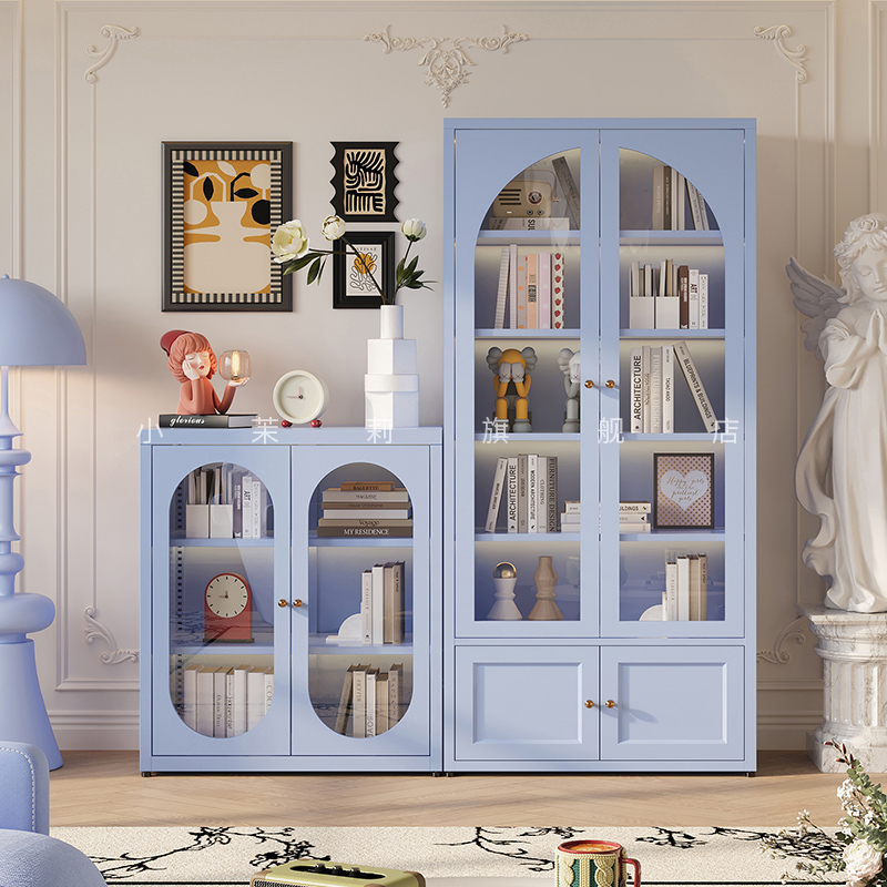 新款法式奶油风防尘书柜带玻璃门展示柜家用客厅自由组合整墙书架
