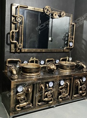 金属铁艺复古工业风LOFT落地洗手盆餐厅酒吧卫生间创意洗漱台柜