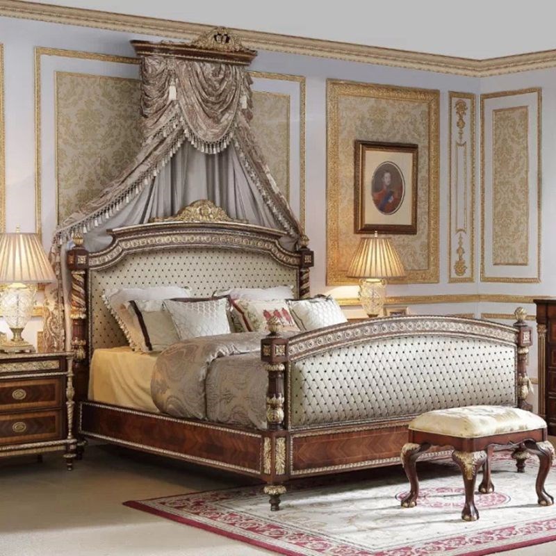 欧式法式奢华双人床亚历山大宫廷雕花大床拉卡萨桃花心木软包布艺