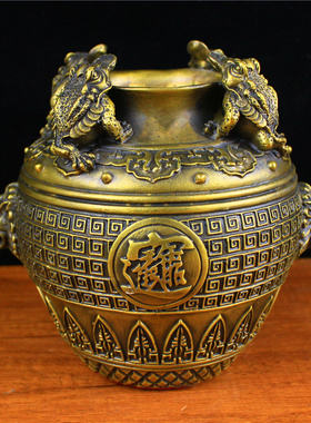 纯铜聚宝盆摆件金蟾黄铜四方金蟾坛子钱罐家居饰品装饰品桌面摆设