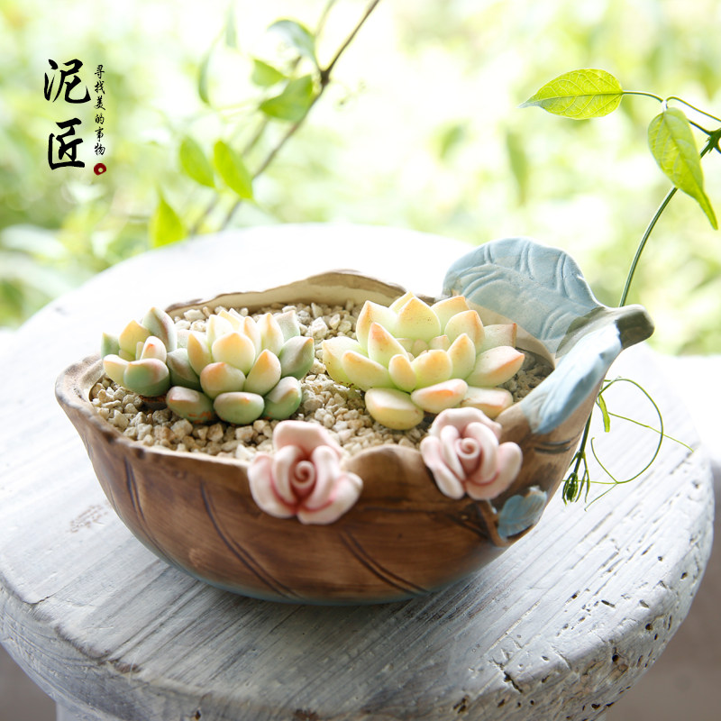 中国风景德镇个性创意手绘手工捏花多肉植物花盆韩式粗陶陶瓷泥匠,鲜花速递/花卉仿真/绿植园艺,花盆,淘宝优惠券,粉丝福利购,淘宝优惠卷