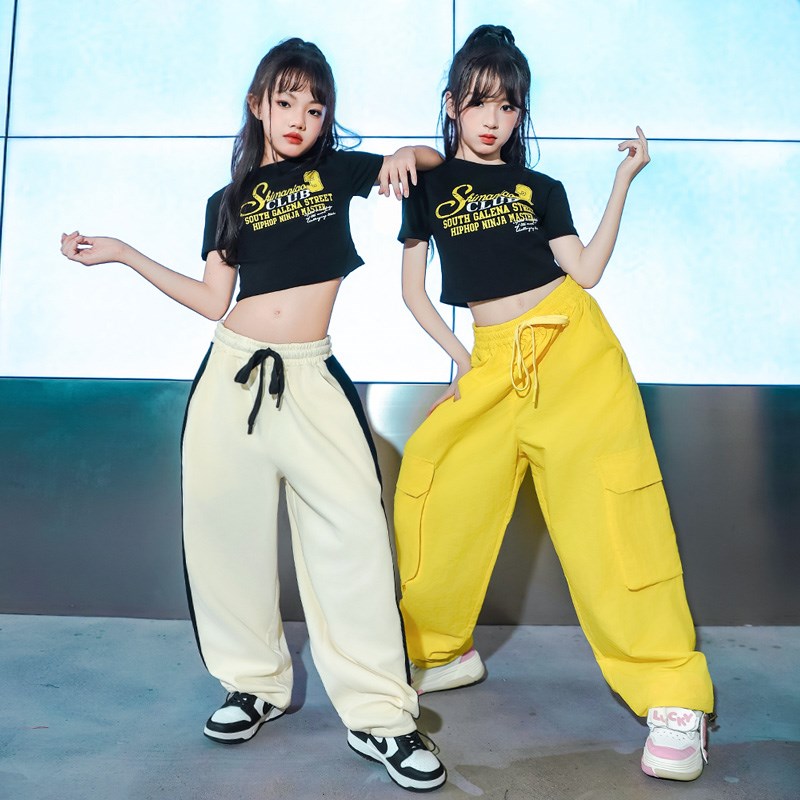 尼恩家女童爵士舞服套装儿童街舞jazz短袖露脐T恤工装裤表演出服