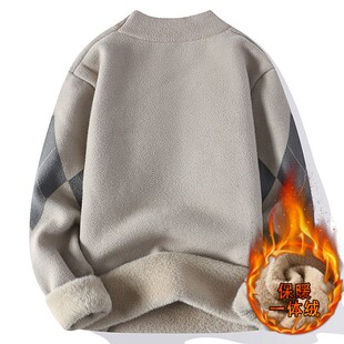 潮男秋冬季半高领格子加厚一体绒保暖上衣针织打底衫内搭加绒毛衣