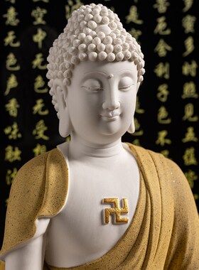 陶瓷释迦牟尼佛佛像客厅供奉释迦摩尼佛坐像艺术品三圣佛摆件灯圈